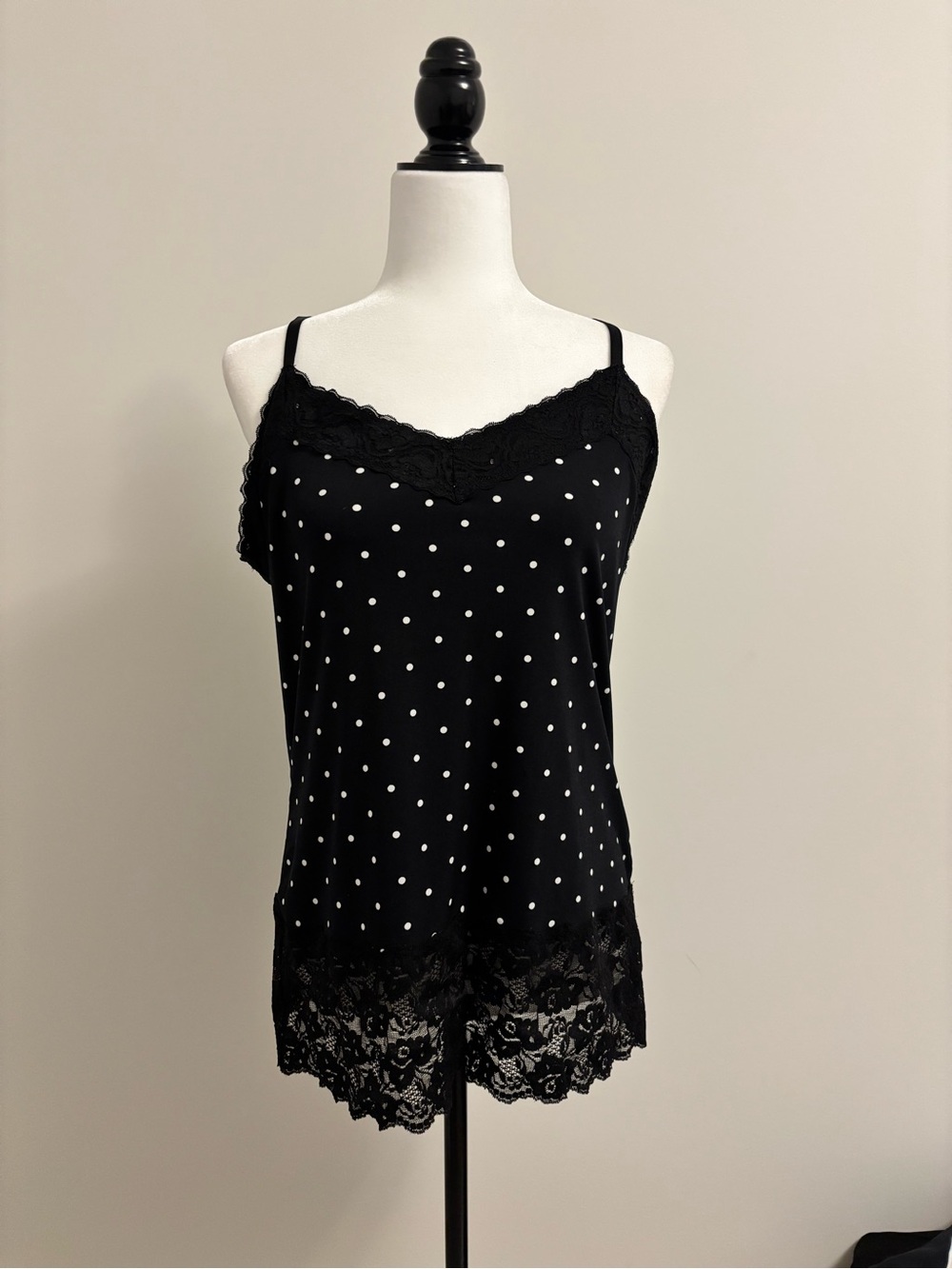 White House Black Market Black with White Polka Dot Lace-Trim Camisole